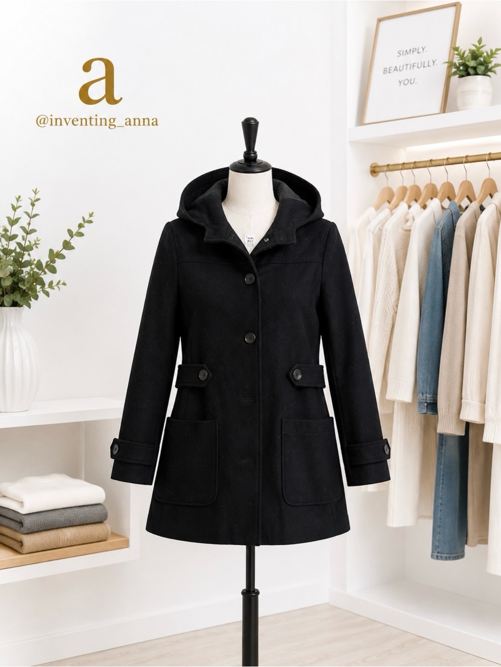 GAP Black Peacoat Hooded Removable Hood Lined Winter Coat Large Pockets